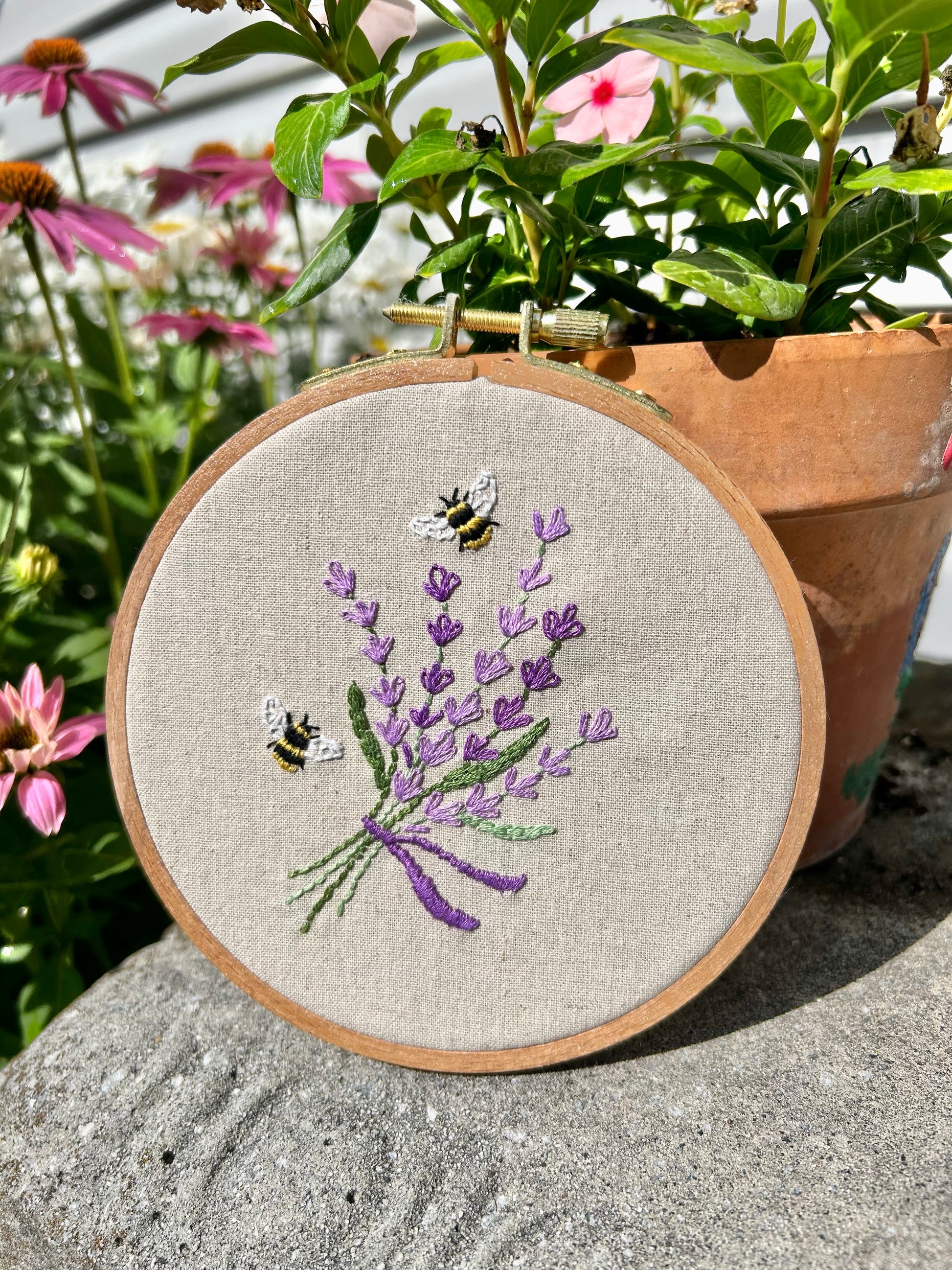 Embroidery kit depicting bees and lavender in a 5-inch hoop, designed by 
Deb Strain.