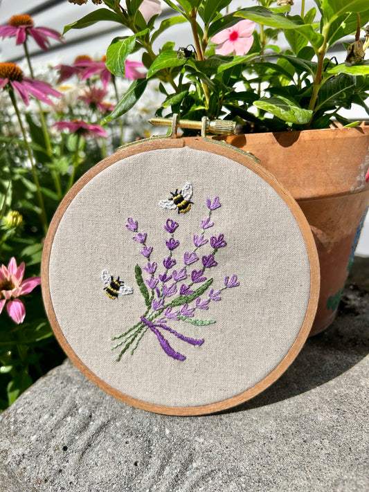 Embroidery kit depicting bees and lavender in a 5-inch hoop, designed by 
Deb Strain.