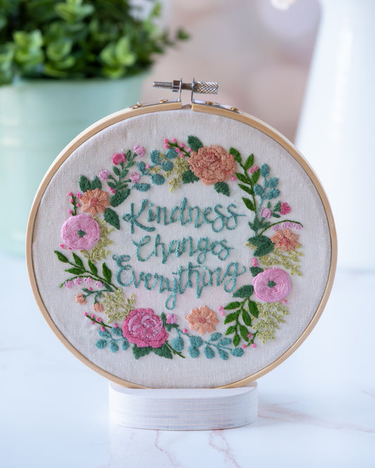 Embroidery Kit  with floral design and 'Kindness Changes Everything' text, designed by Deb Strain.