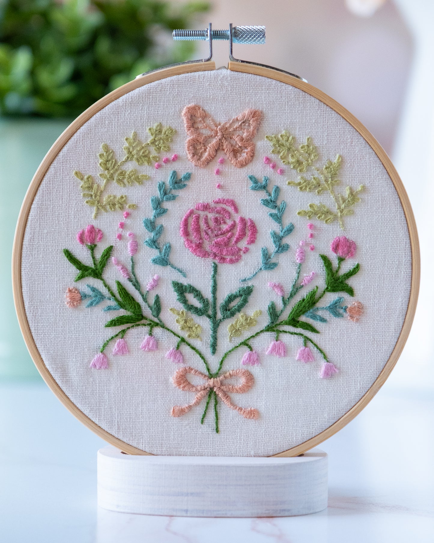 Embroidery Kit with floral and butterfly design on a white background designed by Deb Strain.  Coordinates with Kindness fabric.